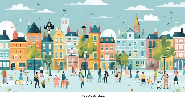 Colorful Illustration of a City Street with People Walking and Biking