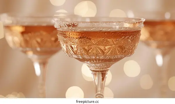 Three champagne glasses with bubbles against blurred lights background