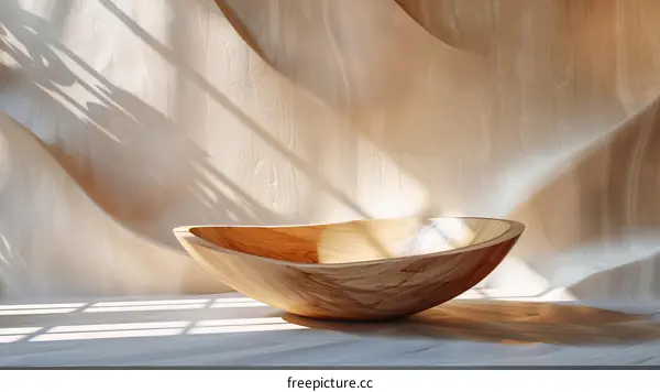 Wooden Bowl on Beige Background with Natural Light