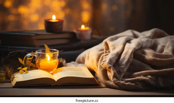 cozy autumn still life with a book, candles and a cup of tea