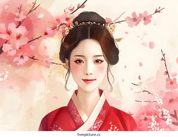 A beautiful illustration of a woman in a red dress with pink flowers in her hair.