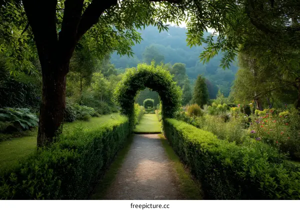 A Serene Garden Pathway Through Lush Greenery