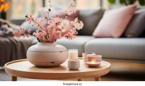 A beautiful living room with a vase of flowers on the table