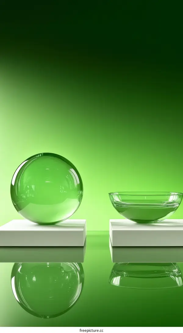 Green Glass Sphere and Bowl Abstract Art