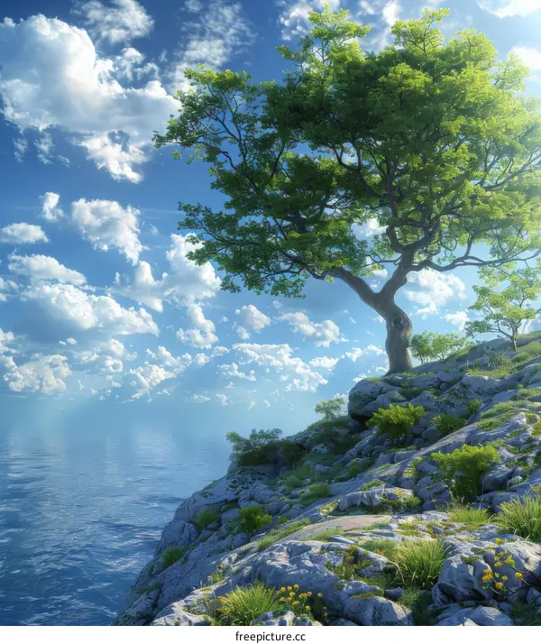 Fantasy Landscape with Majestic Tree on Cliff overlooking Ocean