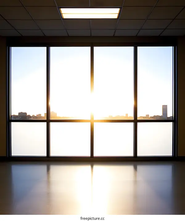 Modern Office With City Skyline and Sunset View