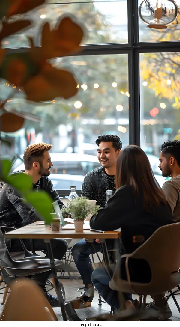 Four multi-ethnic people sitting around a table talking