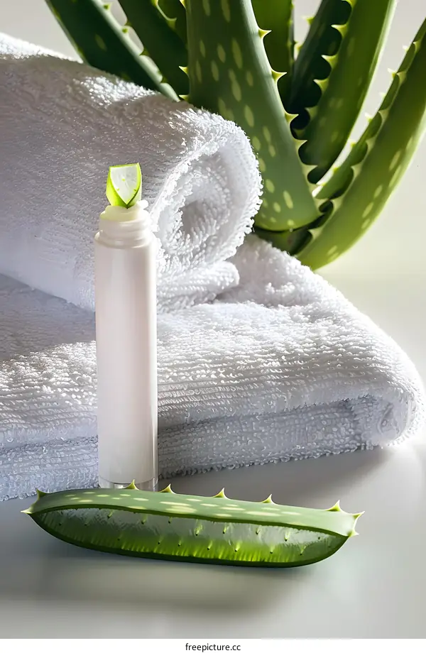 Aloe Vera Plant With White Towel And Lotion