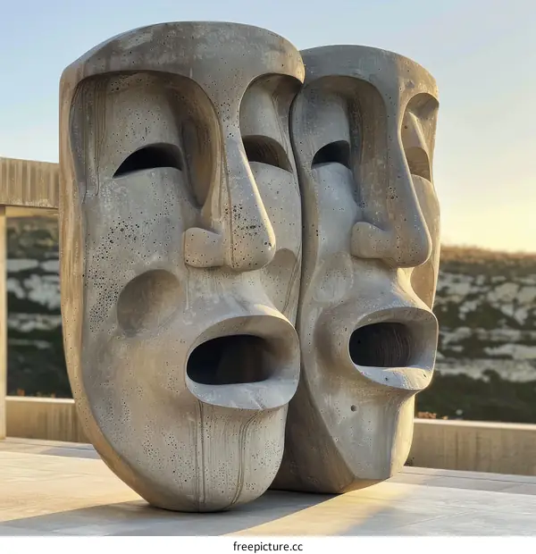 Two Concrete Masks by the Mediterranean Sea