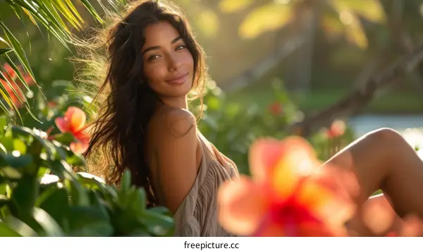 Smiling woman with long brown hair sitting in a lush garden