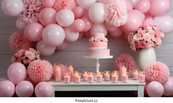 Pink and white birthday party decorations on a table with cake, candles, flowers, balloons, and presents