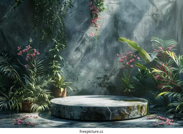 Stone Podium with Green Plants Background