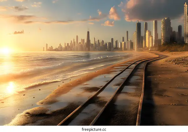 Sunset Over Cityscape With Railroad Tracks On Beach
