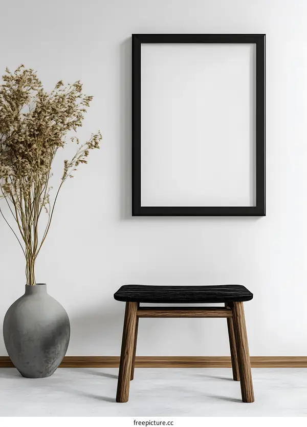 Minimalist Interior Design with Black Frame and Wooden Stool