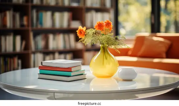 A beautiful vase of flowers sits on a table in a modern living room.