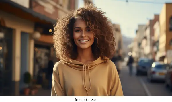 portrait of a young woman with curly hair smiling in the street