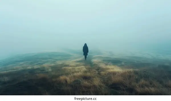 Person walking alone in a foggy field