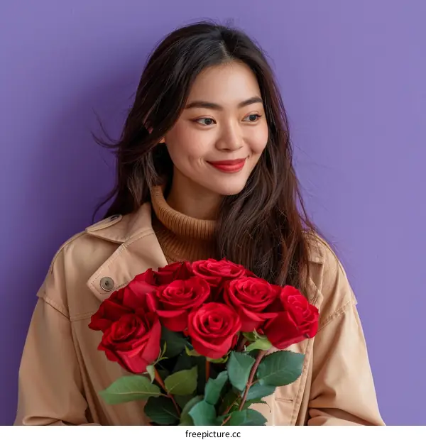 Asian woman holding a bouquet of red roses