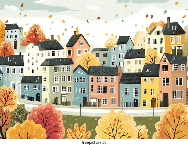 Colorful Fall Town Illustration with Buildings and Trees