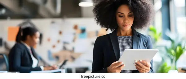 African American Businesswoman Using Tablet In Office