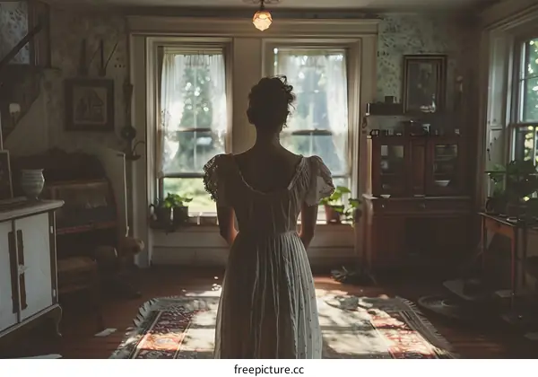 A woman standing in a room with a vintage vibe