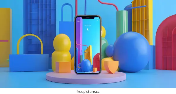 3D Render of a Smartphone with Colorful Geometric Shapes