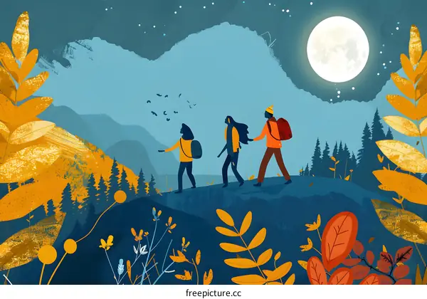 Friends Hiking Under The Full Moon In Autumn