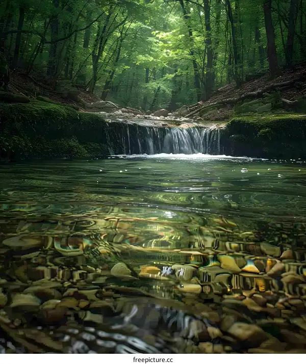 Small waterfall in the green forest with rocks and moss