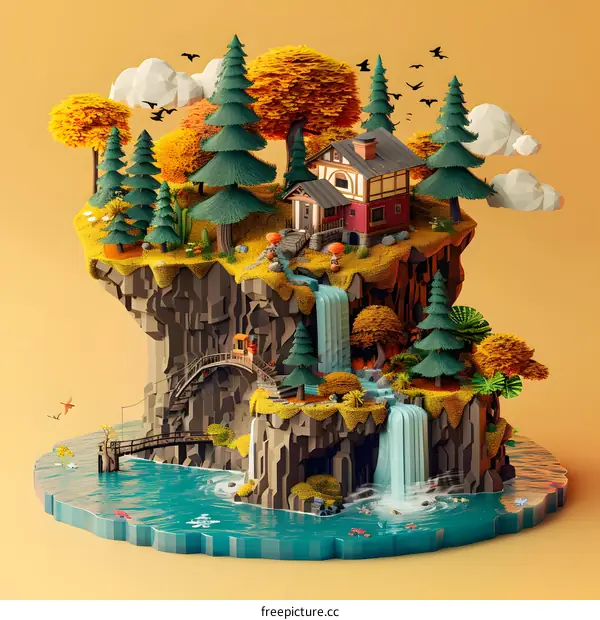 Low Poly Autumn Landscape with Waterfall and Cabin