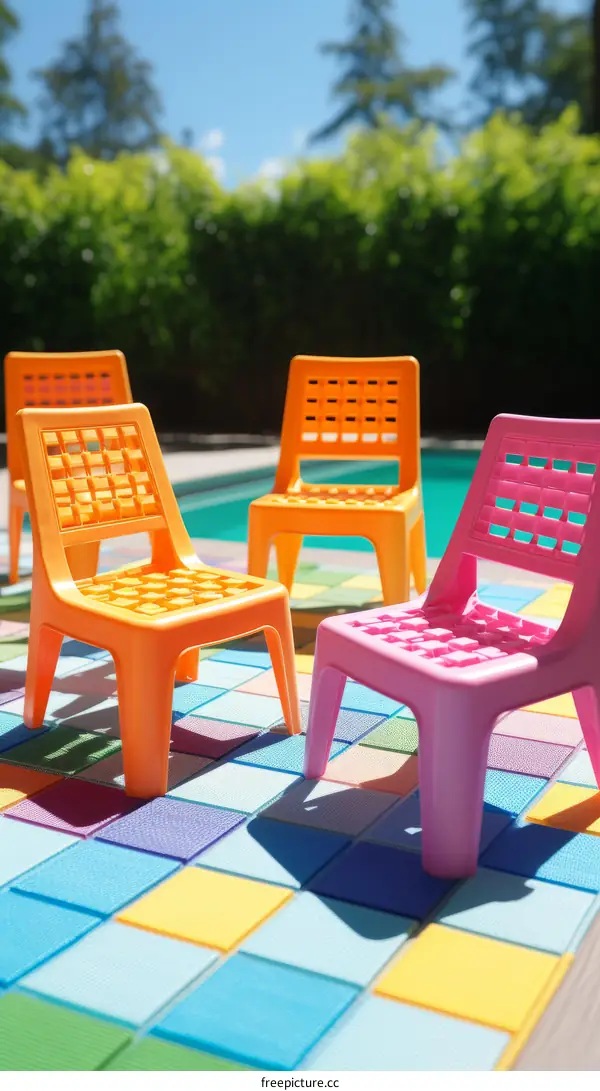 Four Colorful Plastic Chairs on Checkered Background