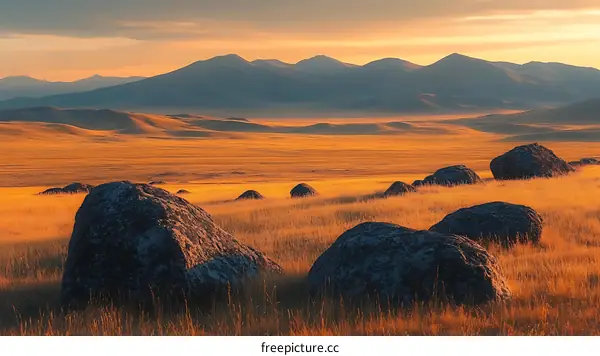 Golden Sunrise Plains Landscape with Rocky Terrain