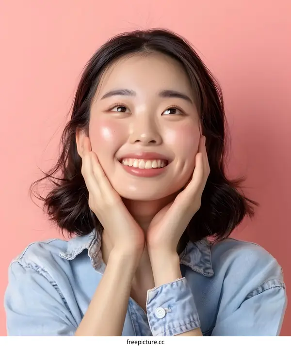 Smiling Asian Woman with Short Hair Posing against Pink Background