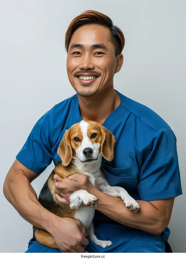 portrait of a smiling veterinarian holding a beagle