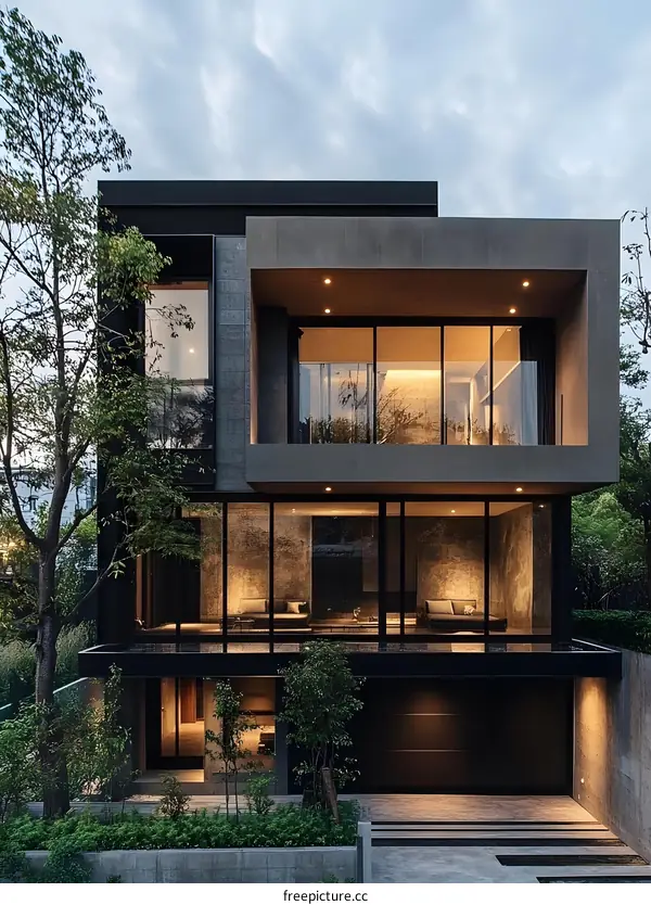 Modern Minimalist House Exterior Design with Large Windows and Concrete Walls