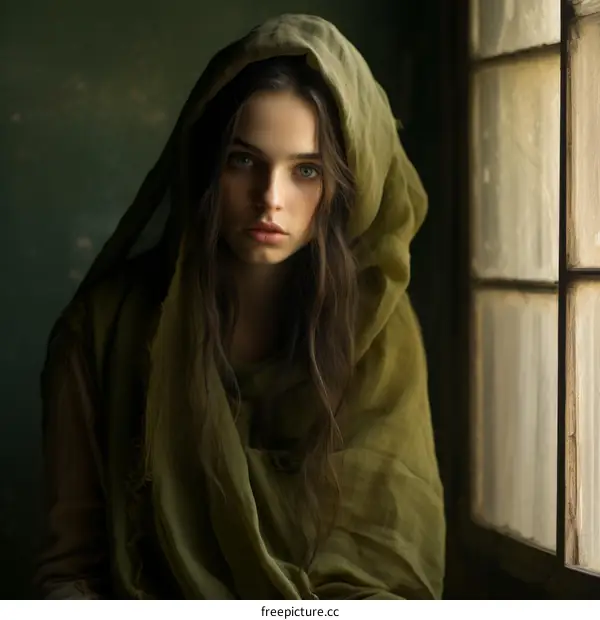 Contemplative Young Woman in Green Hood
