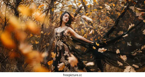 ethereal beauty of a woman in a black dress in an autumn forest