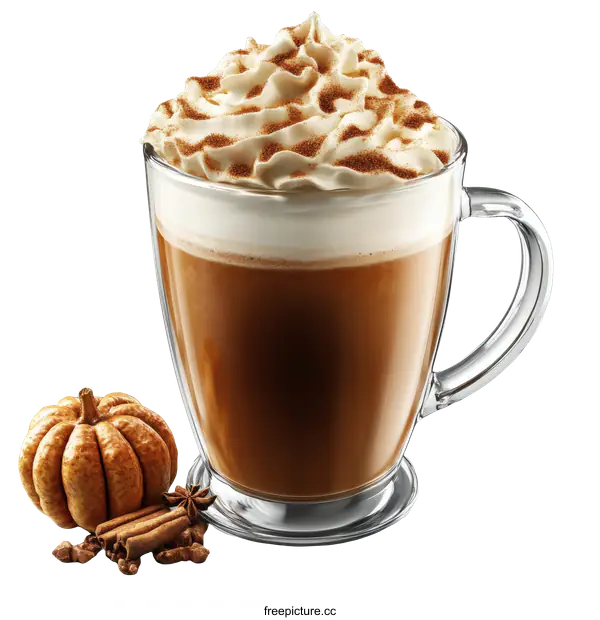 [Transparent Background PNG]Delicious Pumpkin Spice Latte in a Glass Mug