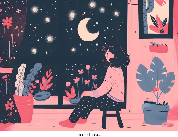 Girl Sitting by Window Looking at Night Sky with Moon and Stars