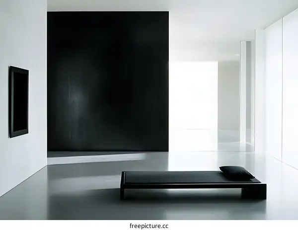 Minimalist Interior Design with a Black Wall and a Wooden Bench