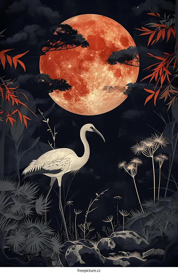 White Heron Standing in Front of a Red Moon