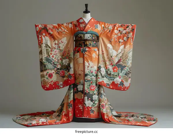 A kimono with a pattern of red and white plum blossoms and cranes