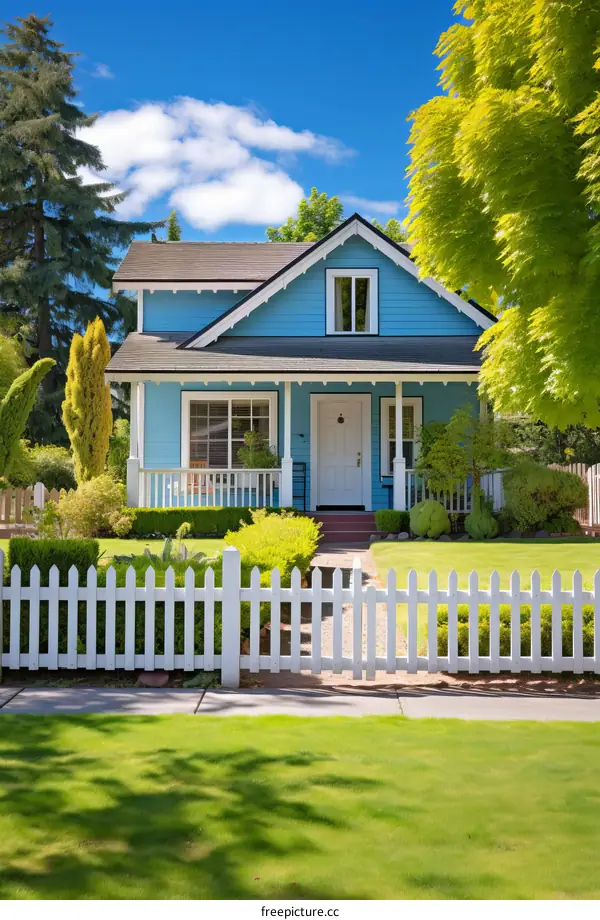 Small blue house with white picket fence