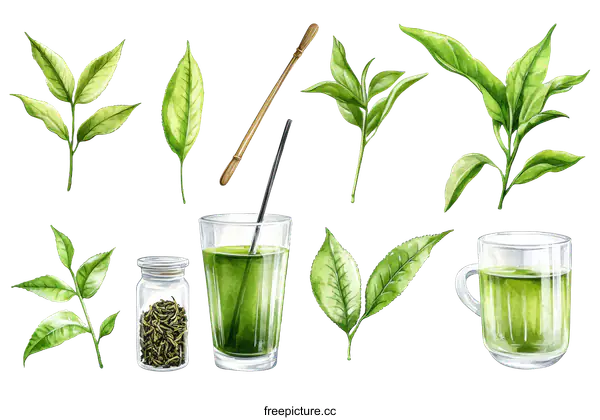 [Transparent Background PNG]Watercolor Illustration of Green Tea Elements