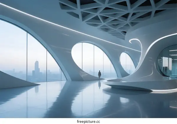 Modern Interior Space with Curved Architecture and Large Windows