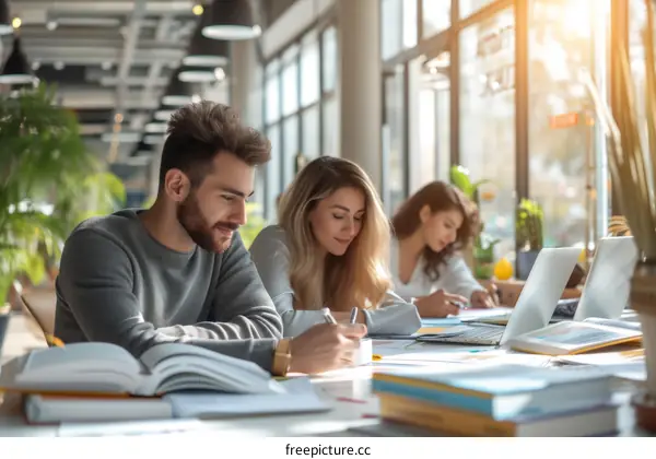 Three young adults studying together in a library
