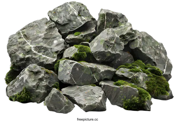 [Transparent Background PNG]Green Mossy Stones Pile on White Background