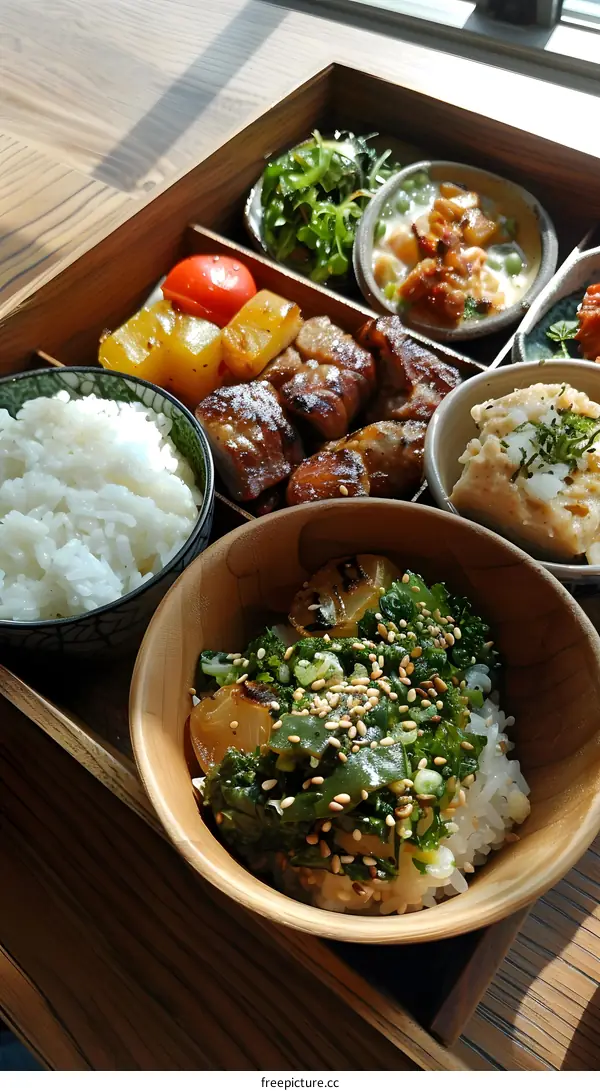 A delicious and healthy Japanese meal with rice, vegetables and meat
