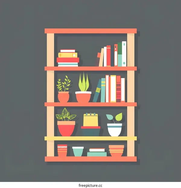 Simple Illustration Of A Book Shelf With Books And Plants