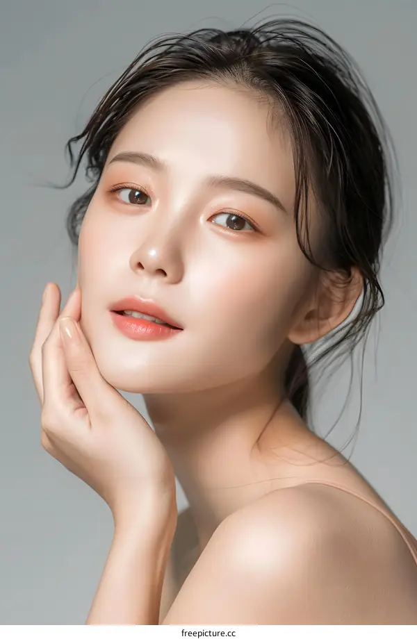 Closeup Portrait of Young Woman with Smooth Skin and Makeup