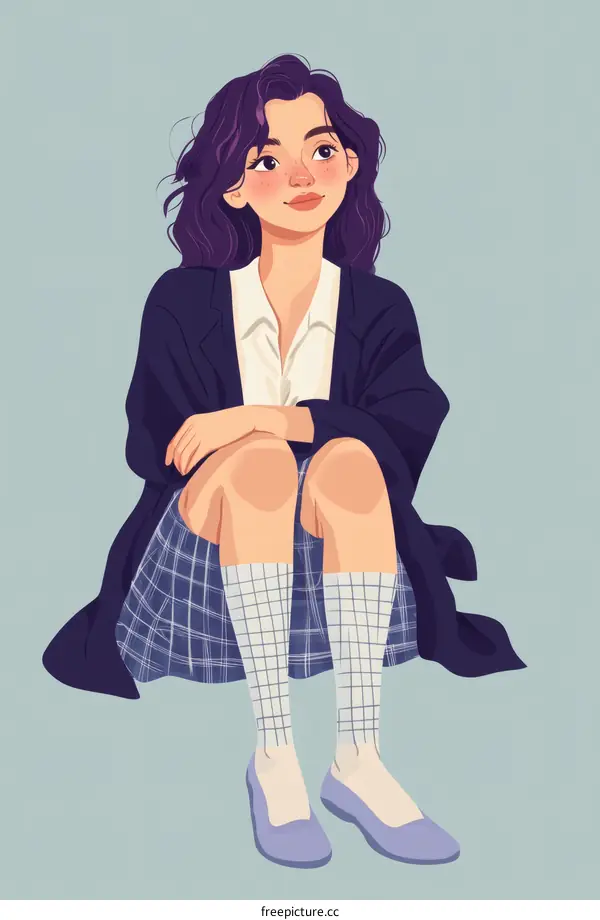 Thoughtful Young Woman in a Plaid Skirt